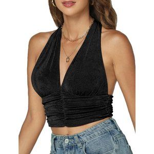 Women's Deep V Neck Halter Crop Top Tie Back Ruched Sleeveless Backless Cami